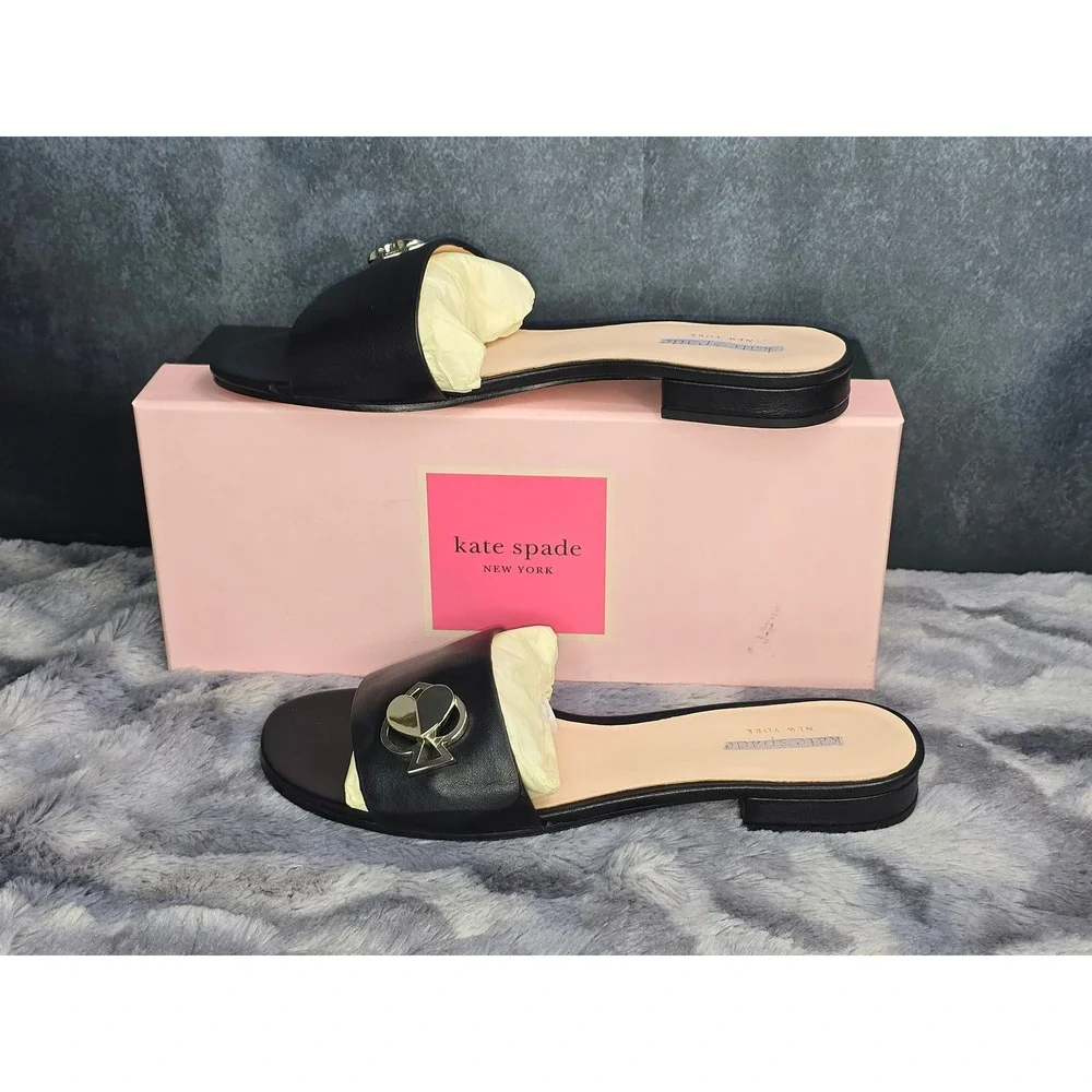 NWB‎ Kate Spade Ferry Black Leather Slide Sandals Size 9